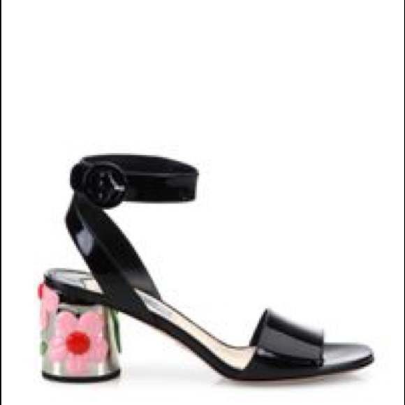 Prada Shoes - PRADA
Black Patent Leather Ankle Strap Flower Heel Sandals Size 39
